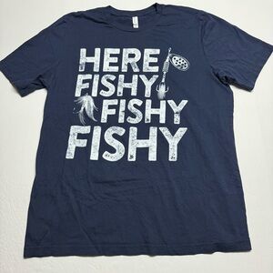 HERE FISHY FISHY FISHY, Men's Crewneck T-Shirt in Navy and White Size: XXL